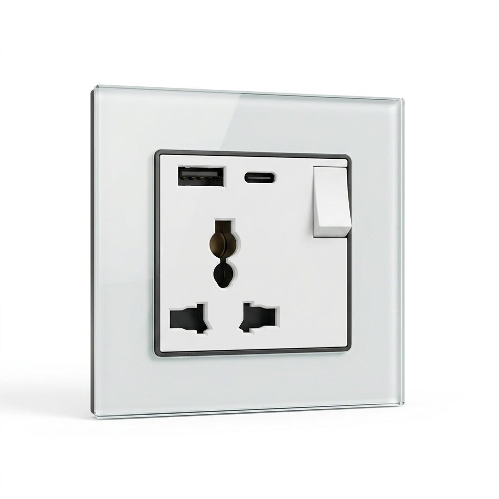 Premium Universal Socket with USB - white glass