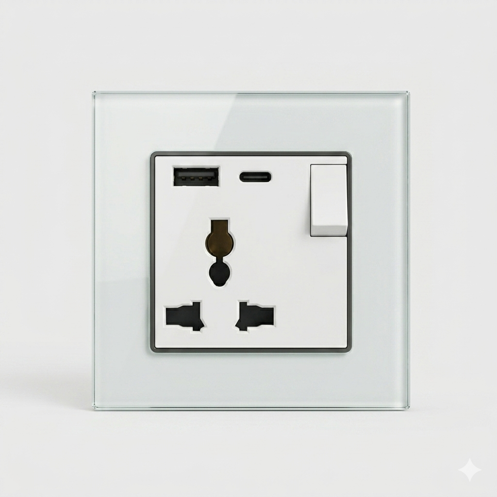 Premium Universal Socket with USB - white glass