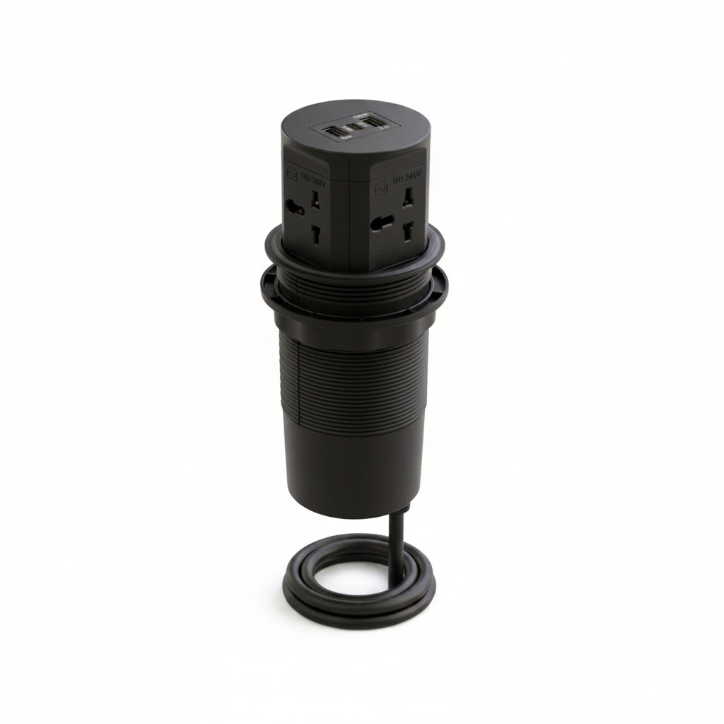 Black power adapter with multiple outlets and USB ports on a white background