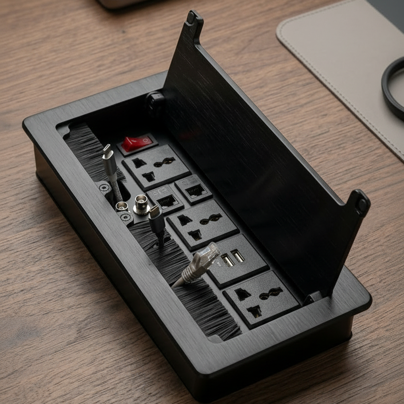 Black power strip organizer on a wooden desk with a laptop in the background