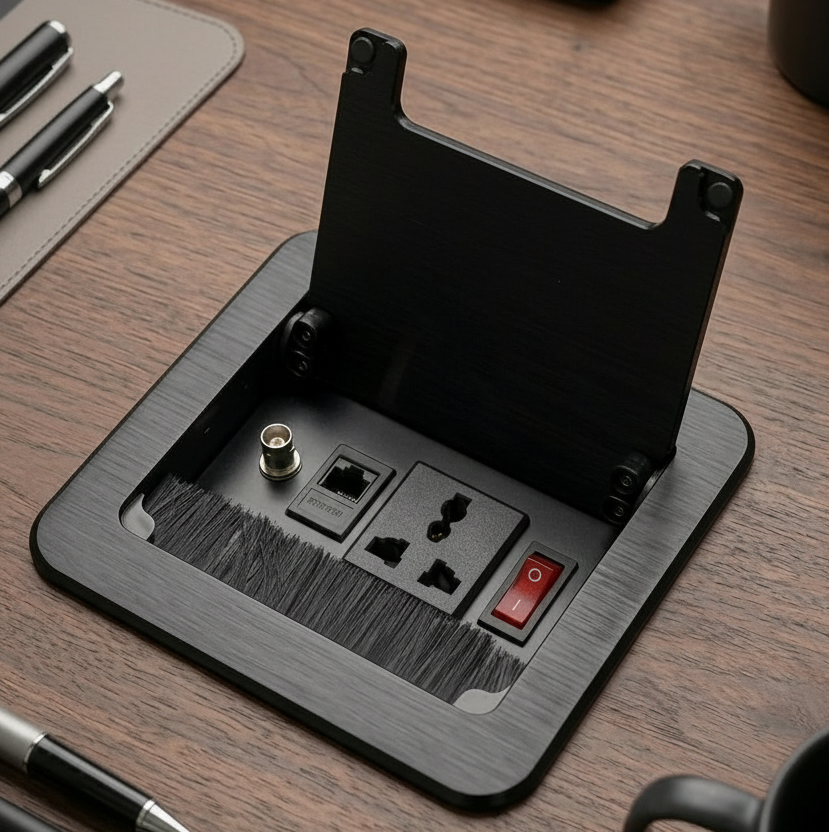 Desk organizer with power outlets and USB ports on a wooden desk.