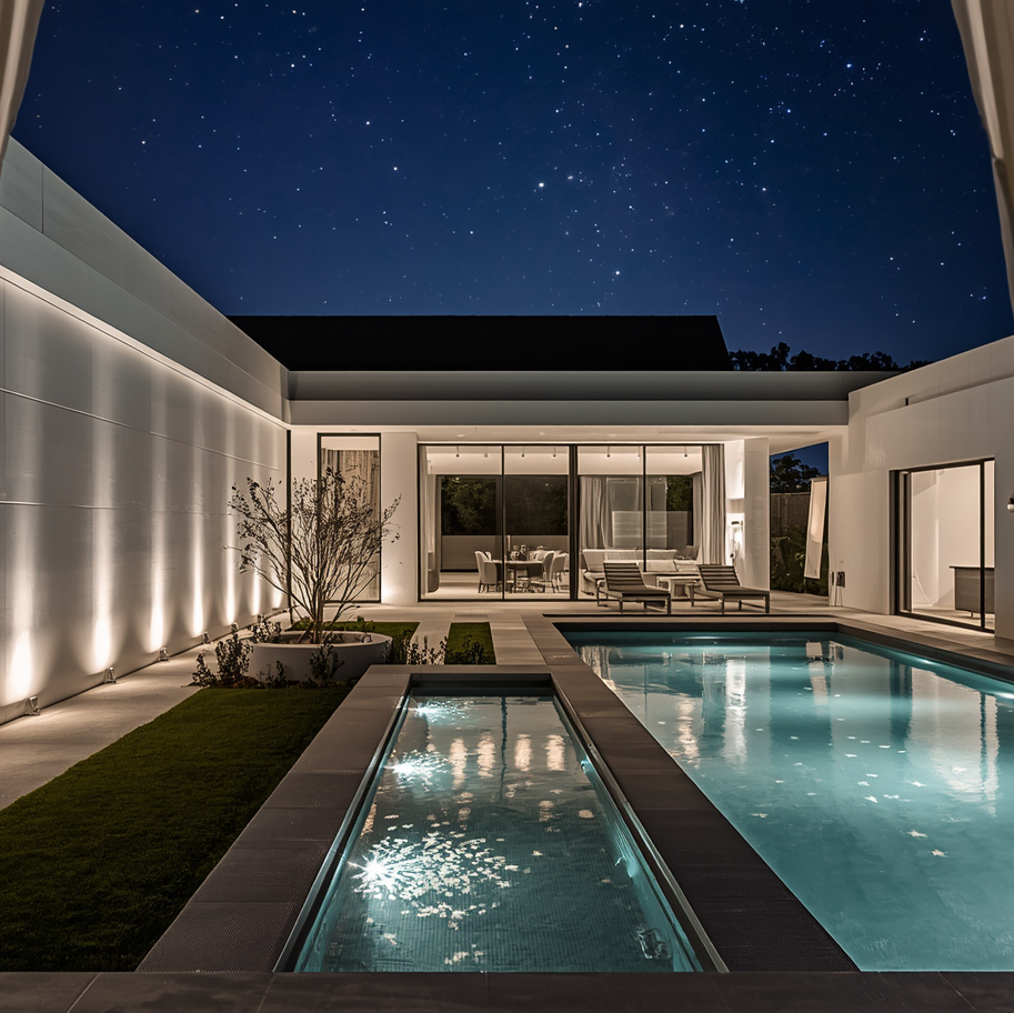 Evening view of a modern house with a pool and outdoor seating area.