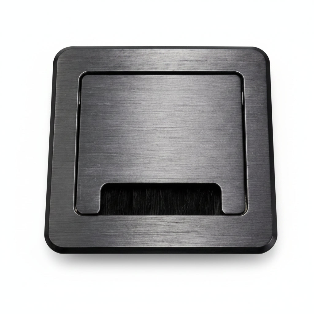 Metallic square object with a central cutout on a white background