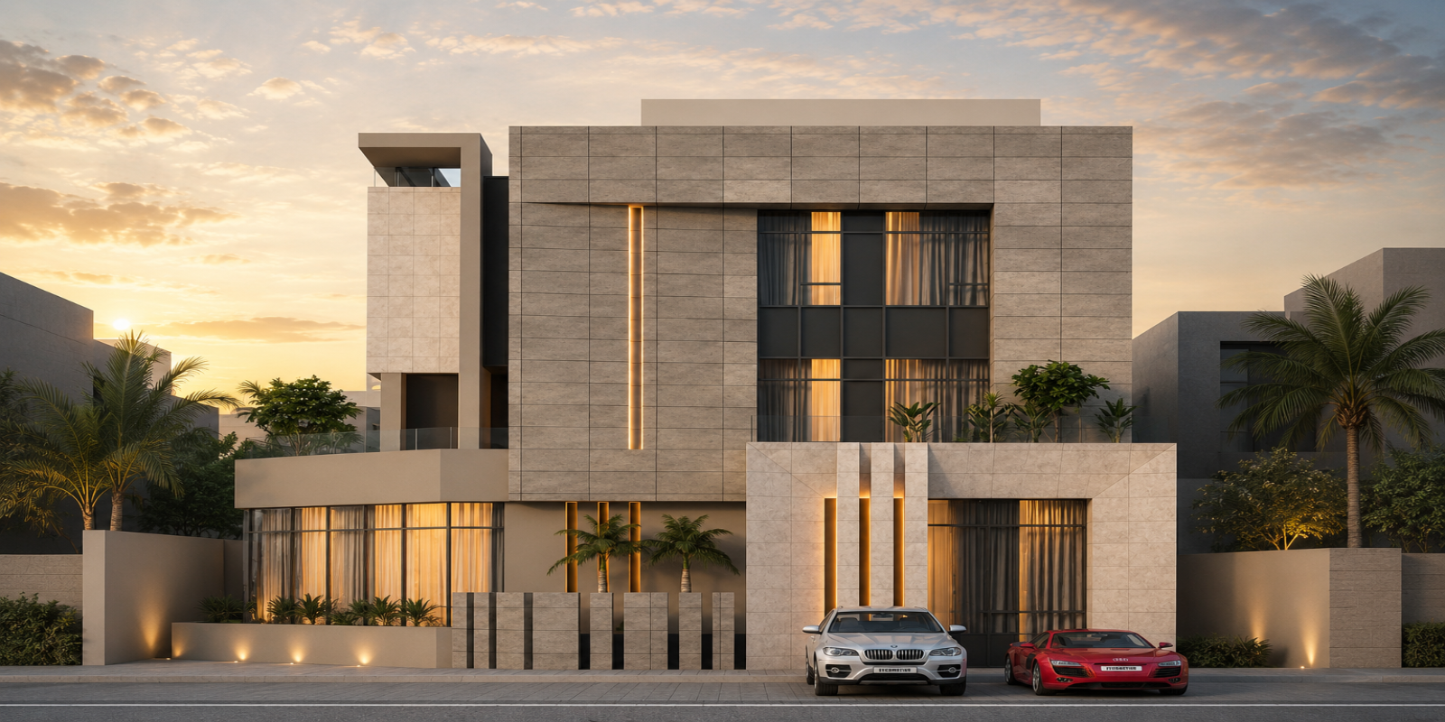 Modern building with cars parked in front during sunset