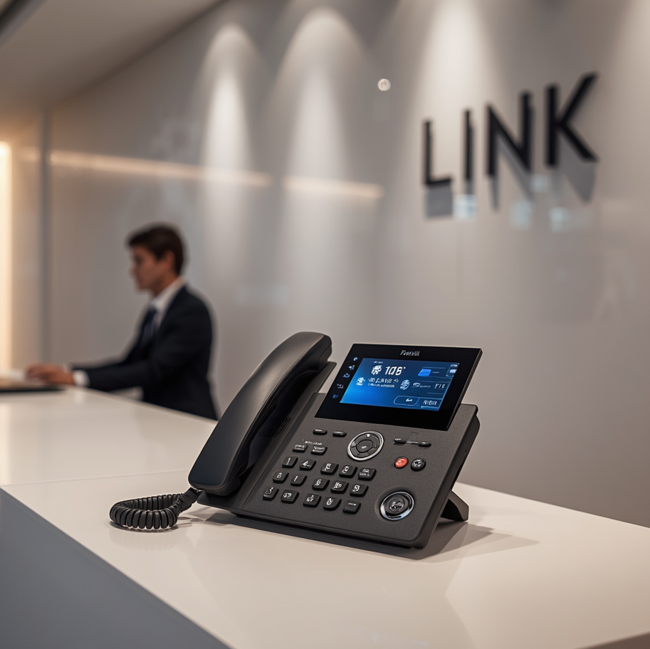 Modern office reception area with a phone and laptop on a desk, featuring the 'LINK' brand.