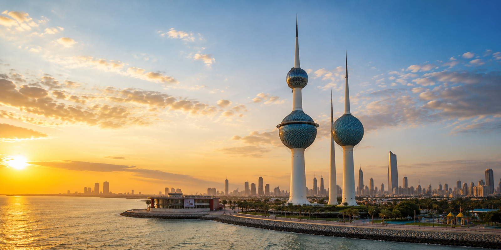 Two tall towers with a city skyline and sunset in the background