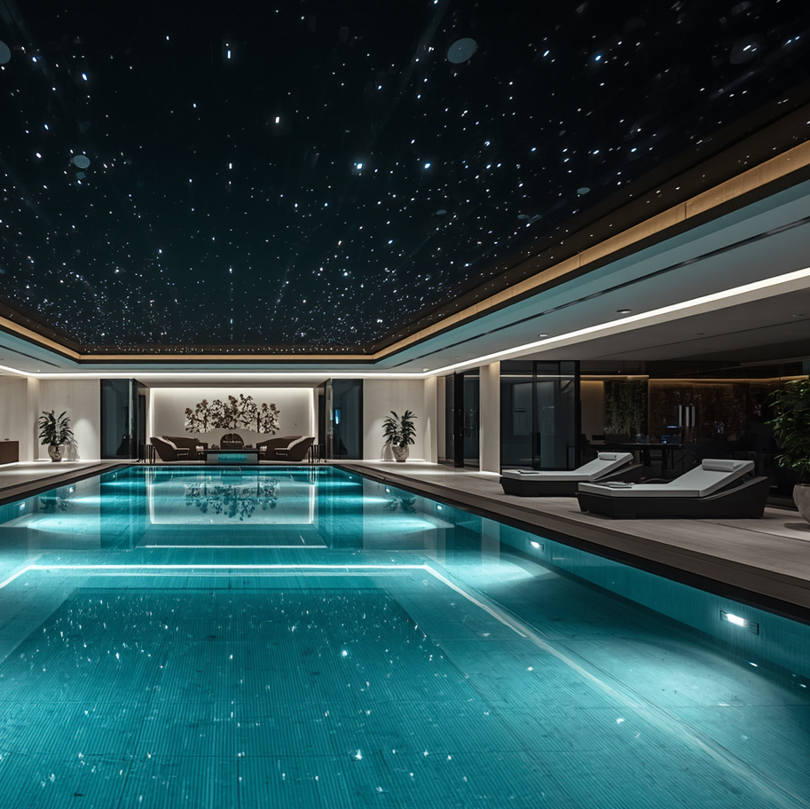 Modern indoor pool area with starry ceiling and sleek decor