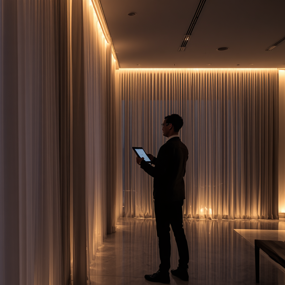 Man standing in a dimly lit hallway with a tablet, surrounded by soft lighting.