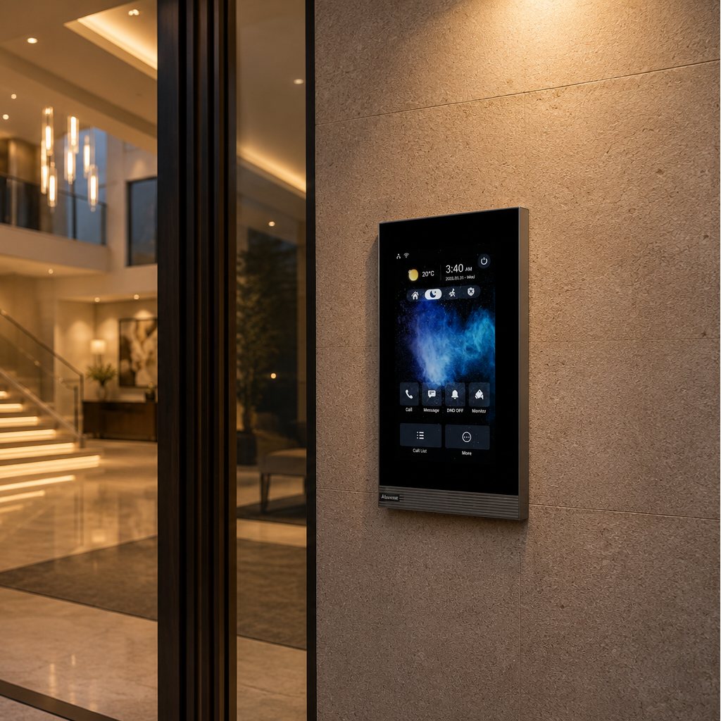 Smart home control panel on a wall next to an open door leading inside a building.