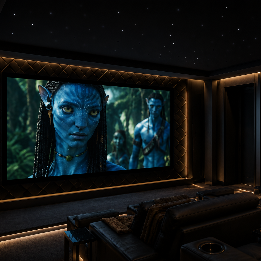Home theater setup with a screen displaying 'Avatar' movie scene.