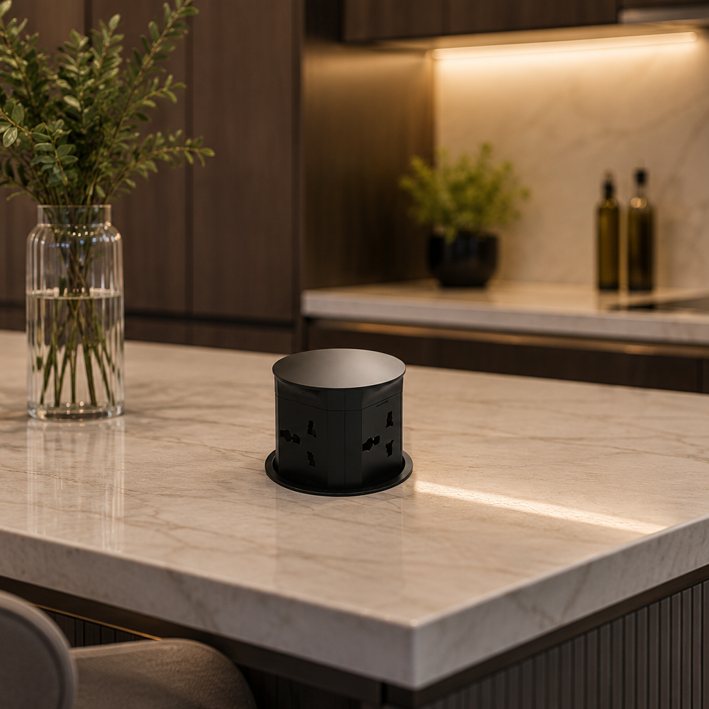 Modern kitchen counter with a black diffuser, vase with greenery, and apples.