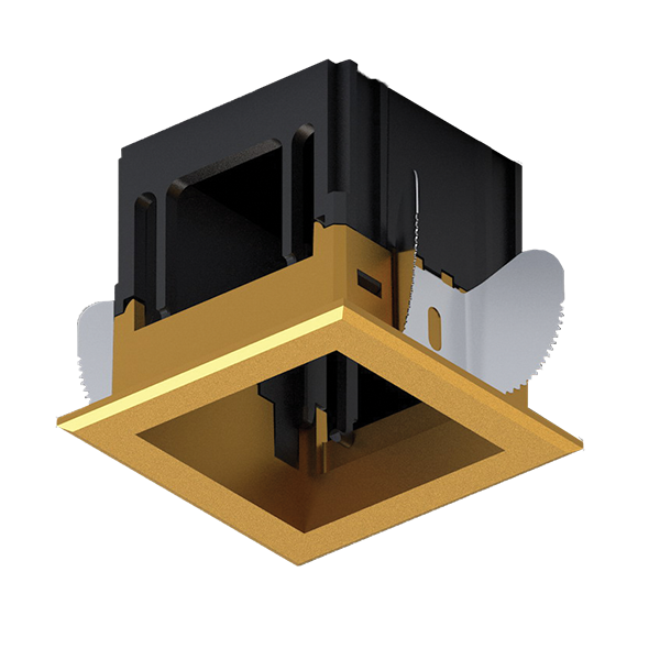 3D model of a ceiling light fixture with black and gold components on a white background