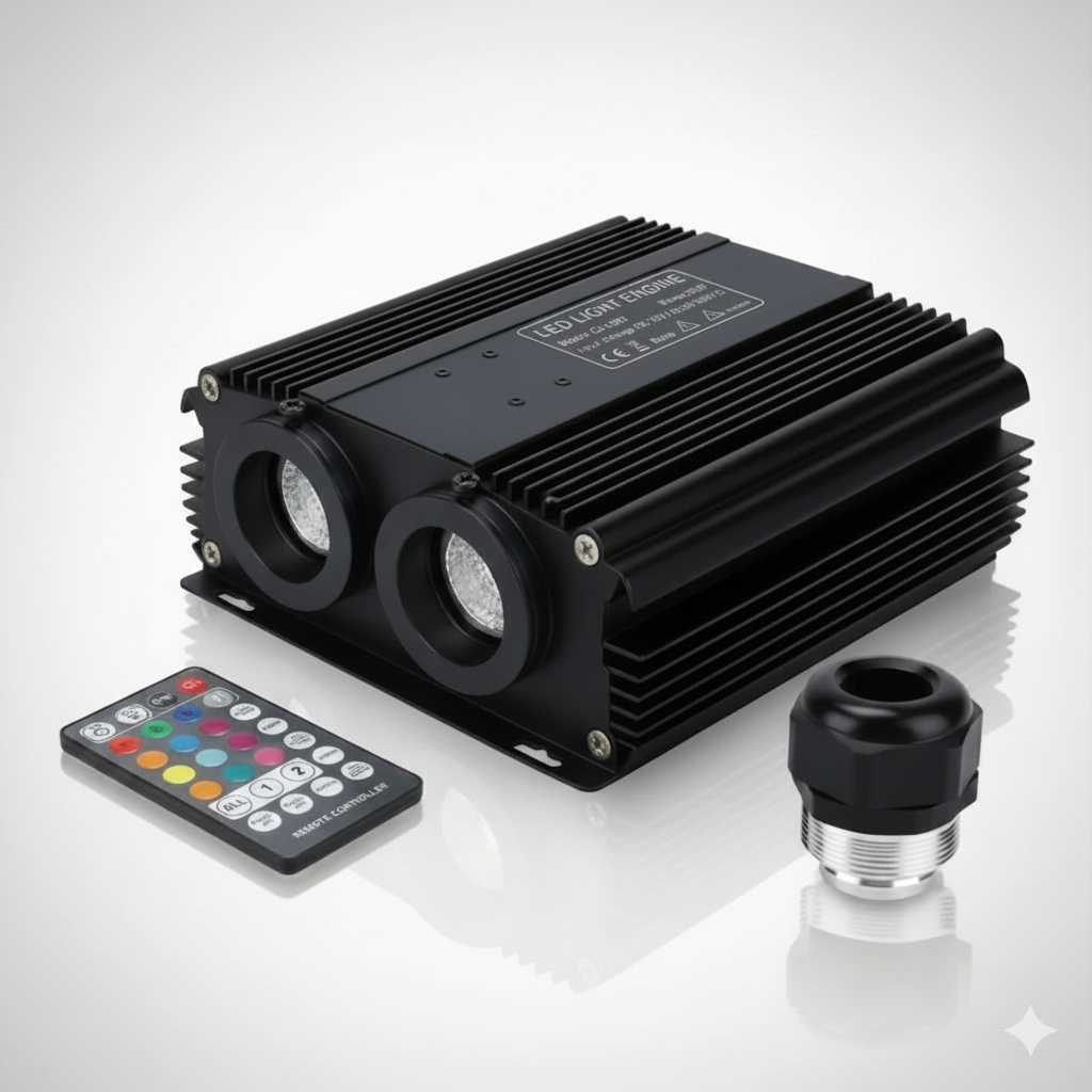 Black LED light projector with remote control and adapter on a white background