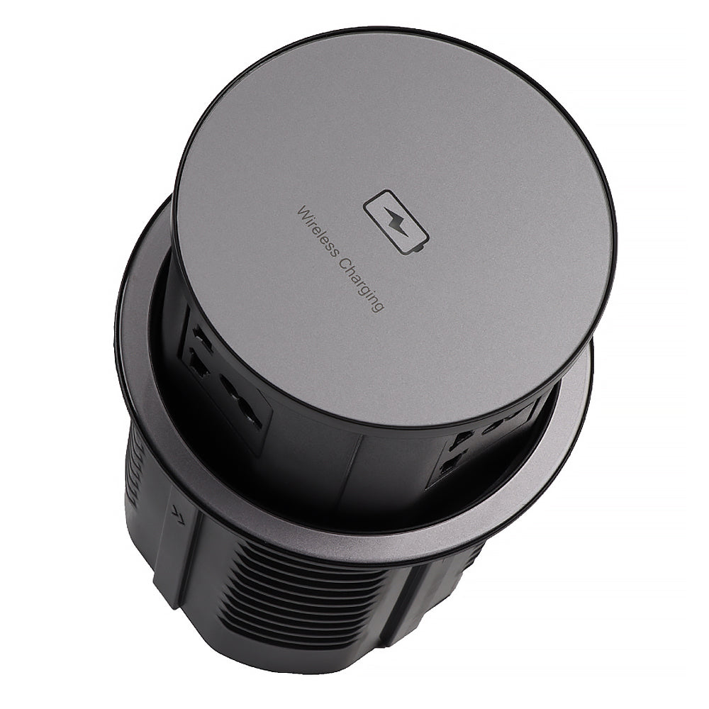 Black charging station with wireless charging symbol on a white background