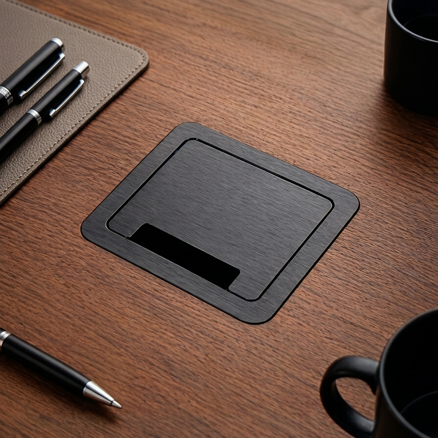 Black mouse pad on a wooden desk with black mugs and pens.