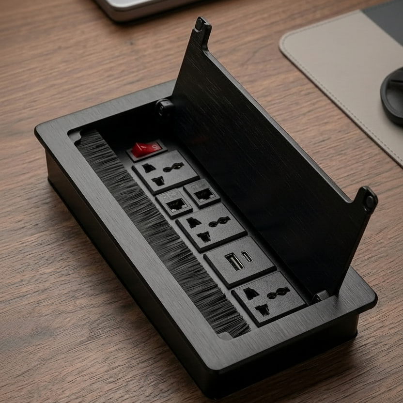 Black power strip with multiple outlets and USB ports on a wooden desk.