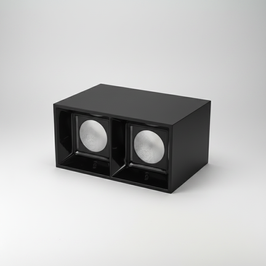 Black rectangular box with two white spheres inside on a white background