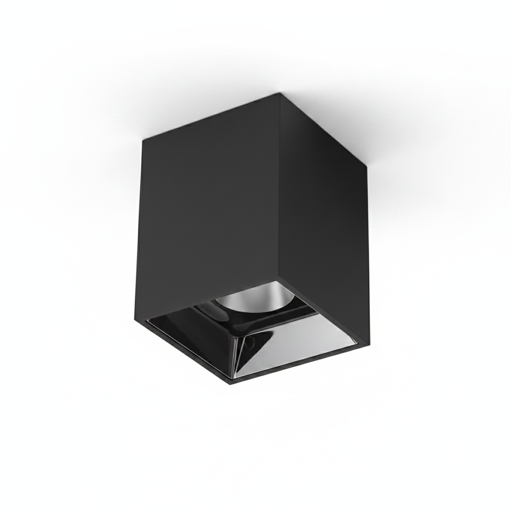Black square ceiling light fixture on a white background