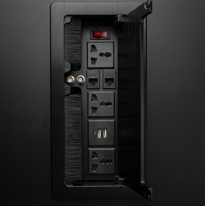 Black wall-mounted electrical panel with multiple sockets and outlets on a dark background