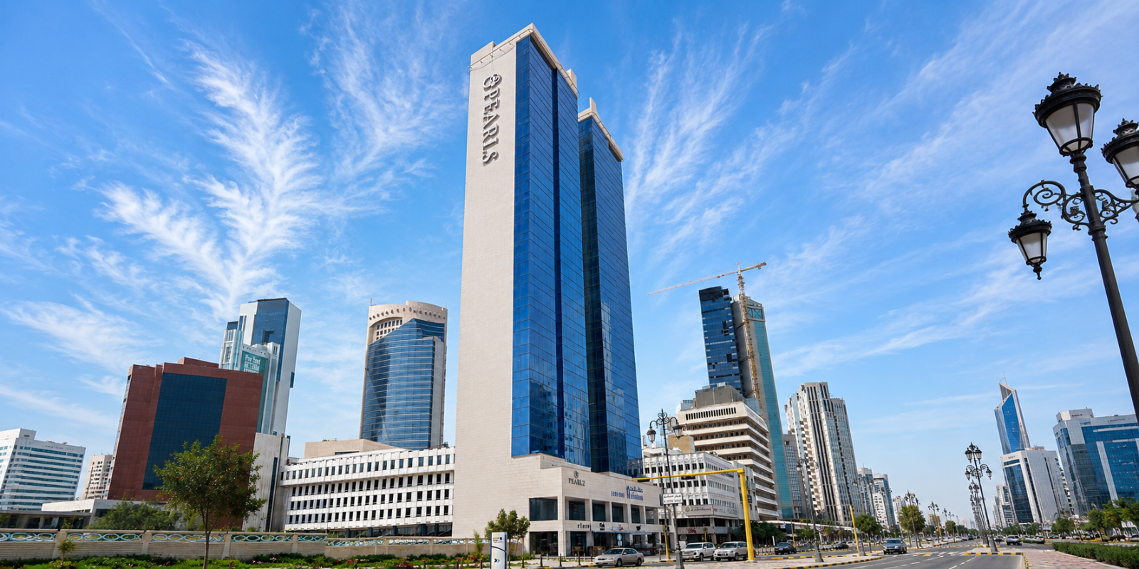Cityscape with modern buildings and a clear blue sky