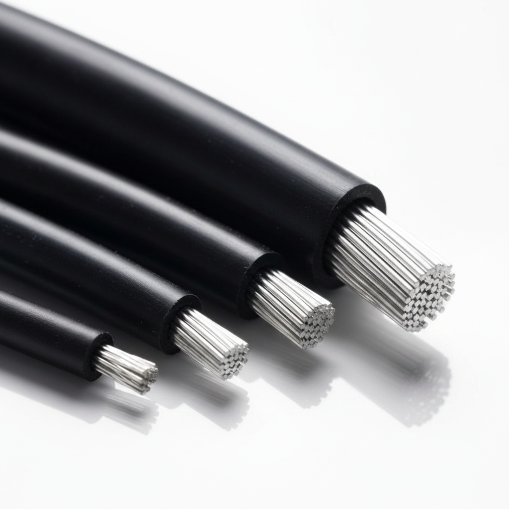 Close-up of black cables with silver inner wires on a white background