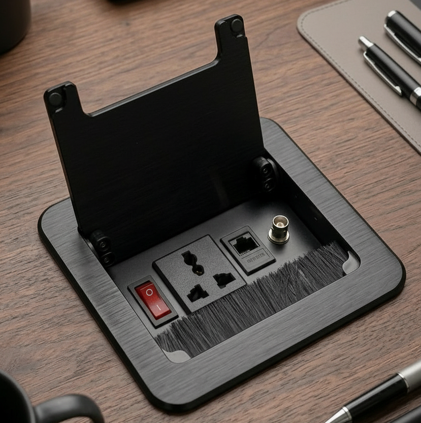 Desk organizer with power outlets and USB ports on a wooden desk.