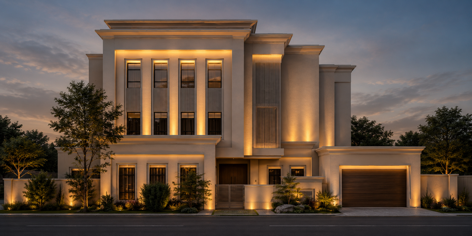 Elegant two-story house with illuminated exterior at dusk