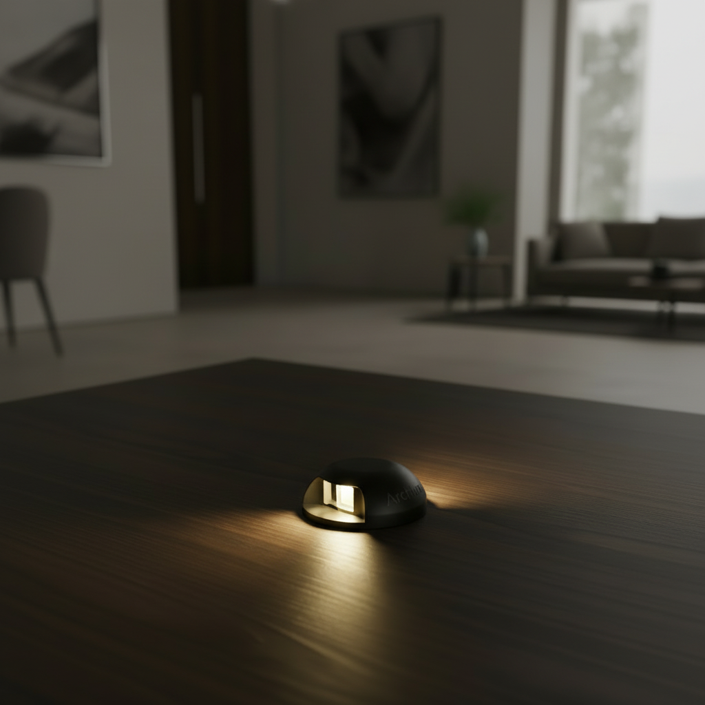 Small glowing light on a wooden floor in a dimly lit room