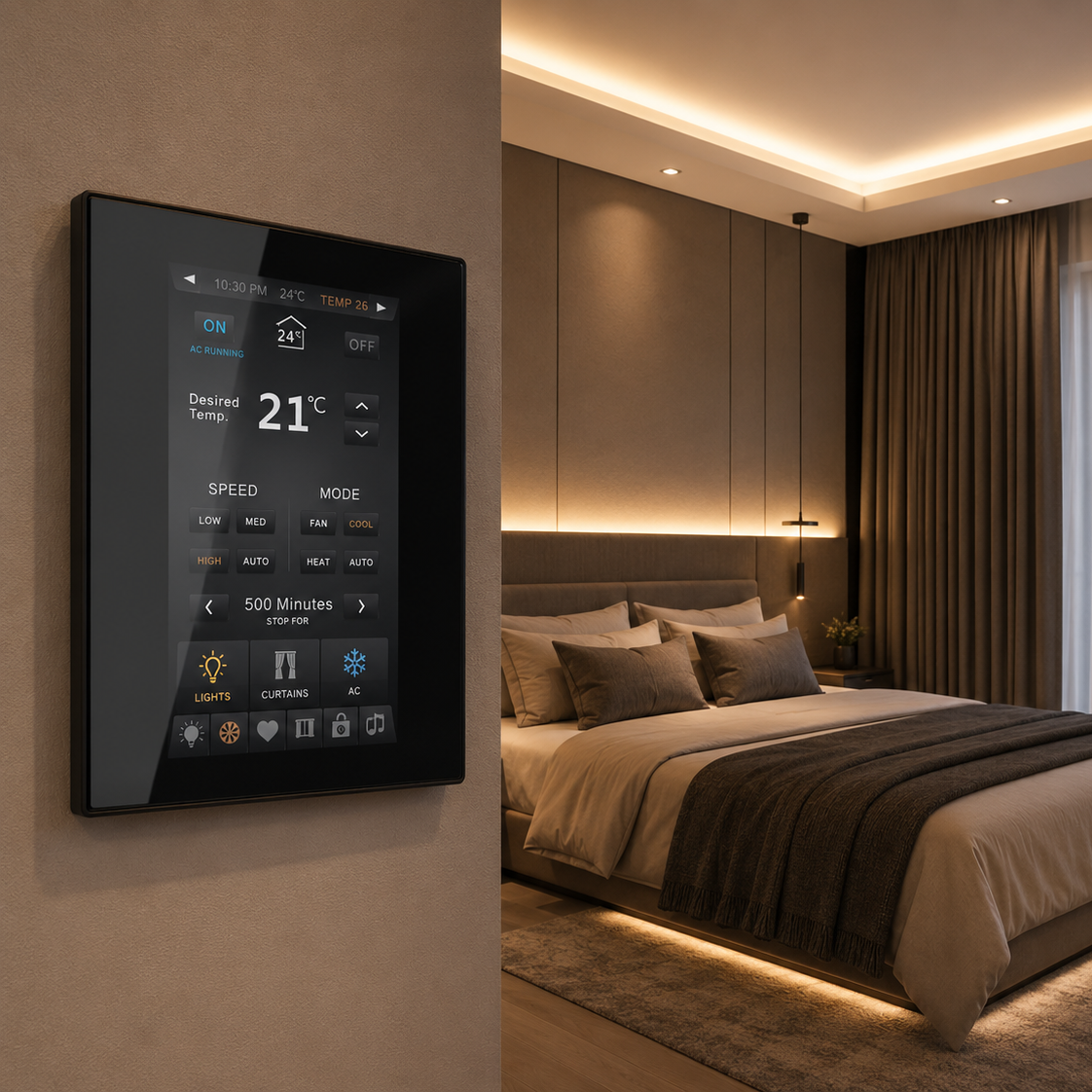 Smart home control panel in a modern bedroom with a bed and large window.