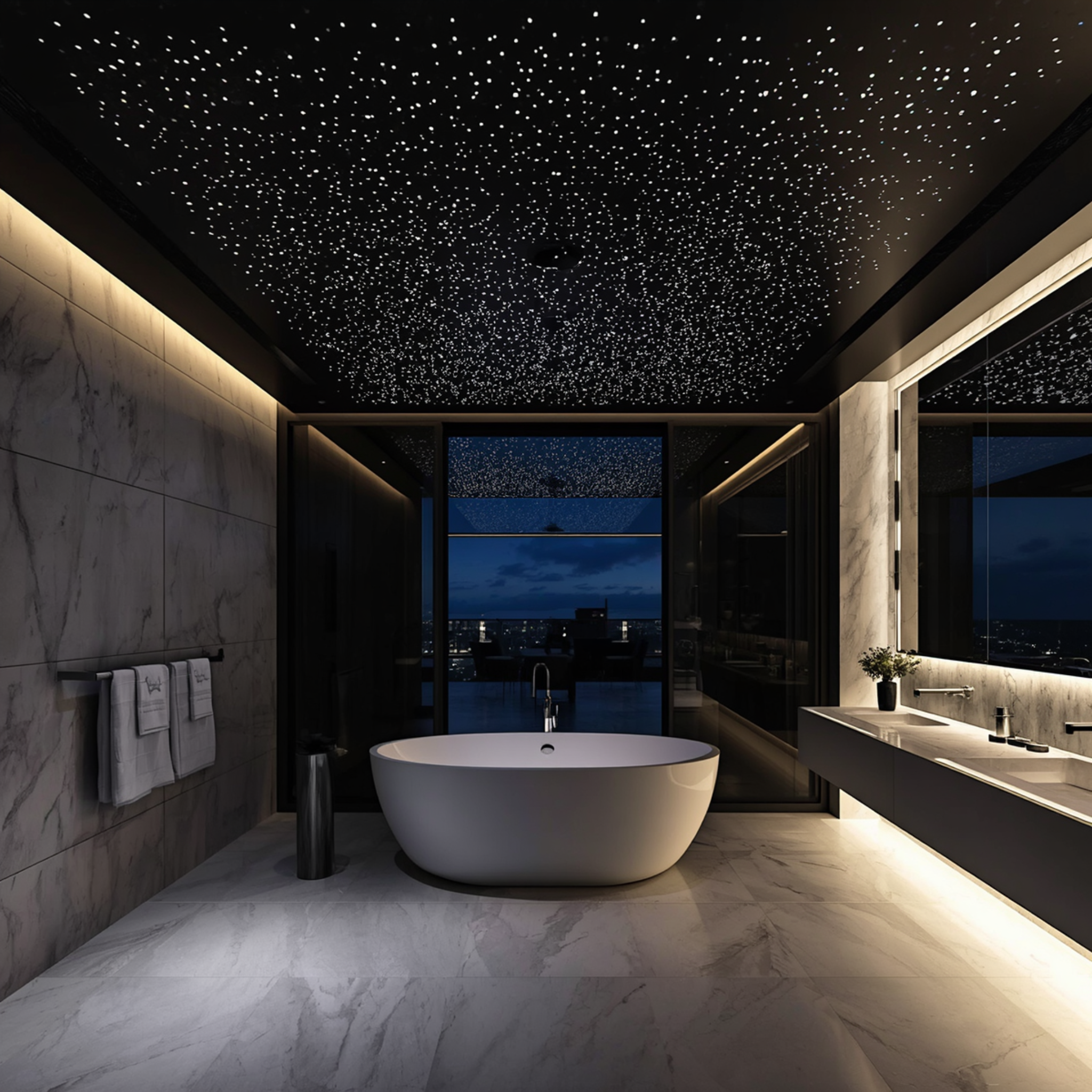 Modern bathroom with starry ceiling effect, white freestanding bathtub, and marble walls.
