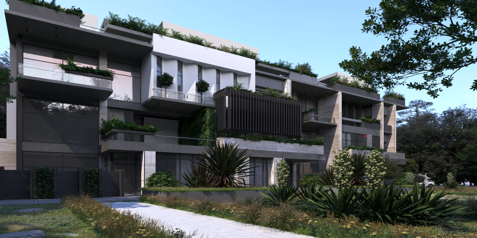 Modern architectural building with greenery on balconies in a suburban setting