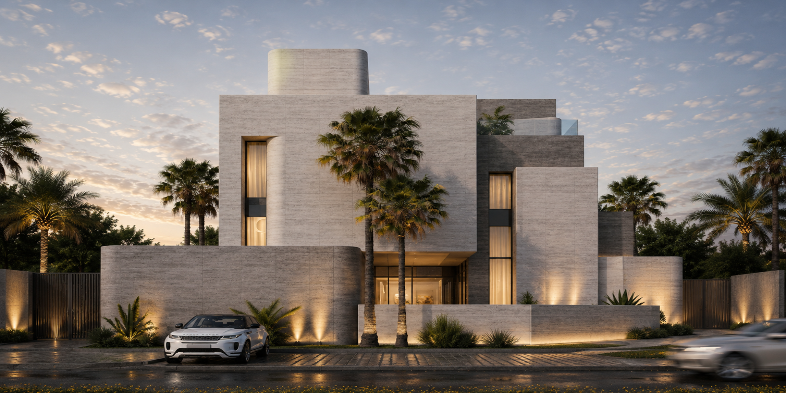 Modern architectural house with palm trees and a car in the driveway