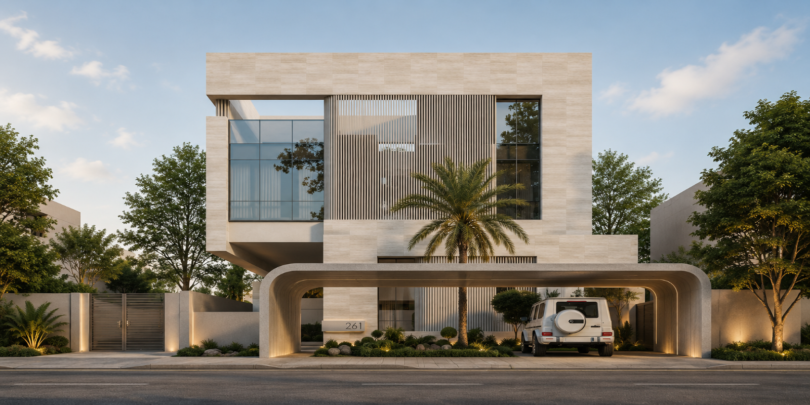 Modern house with a driveway and car, surrounded by trees