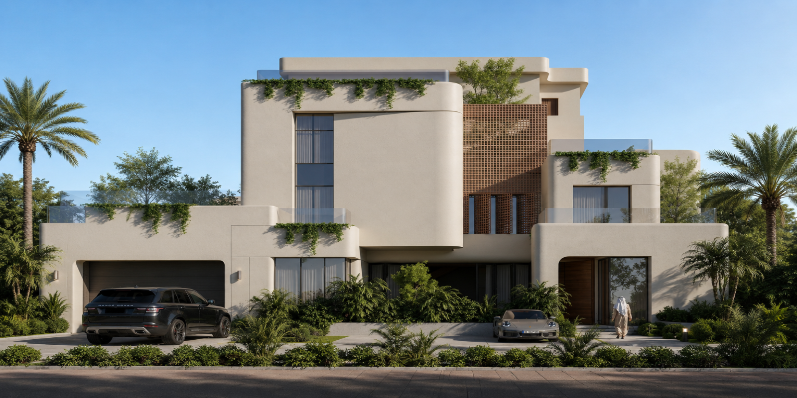 Modern house with a driveway and palm trees under a clear blue sky