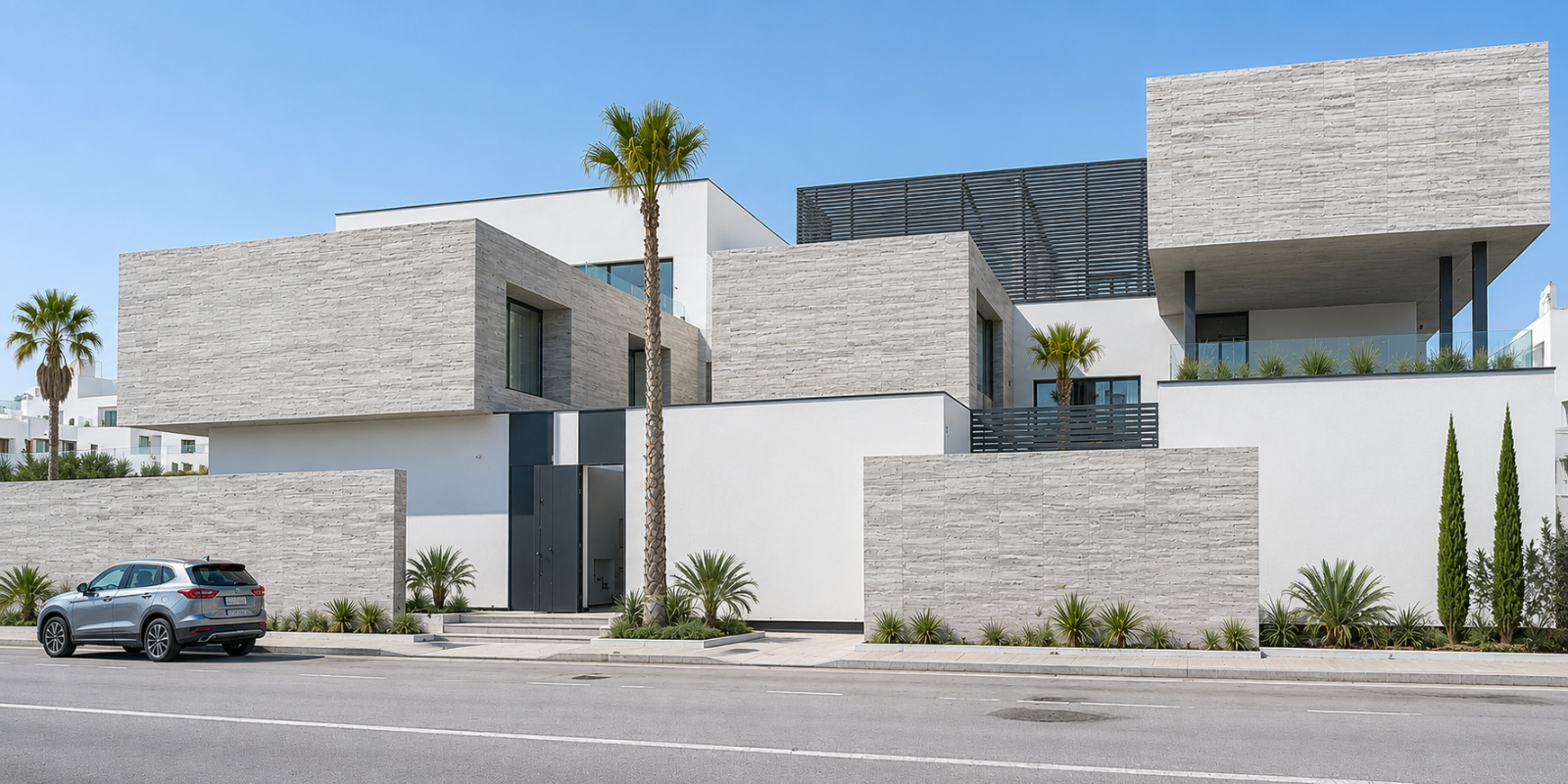 Modern house with gray and white exterior, palm trees, and a clear blue sky.