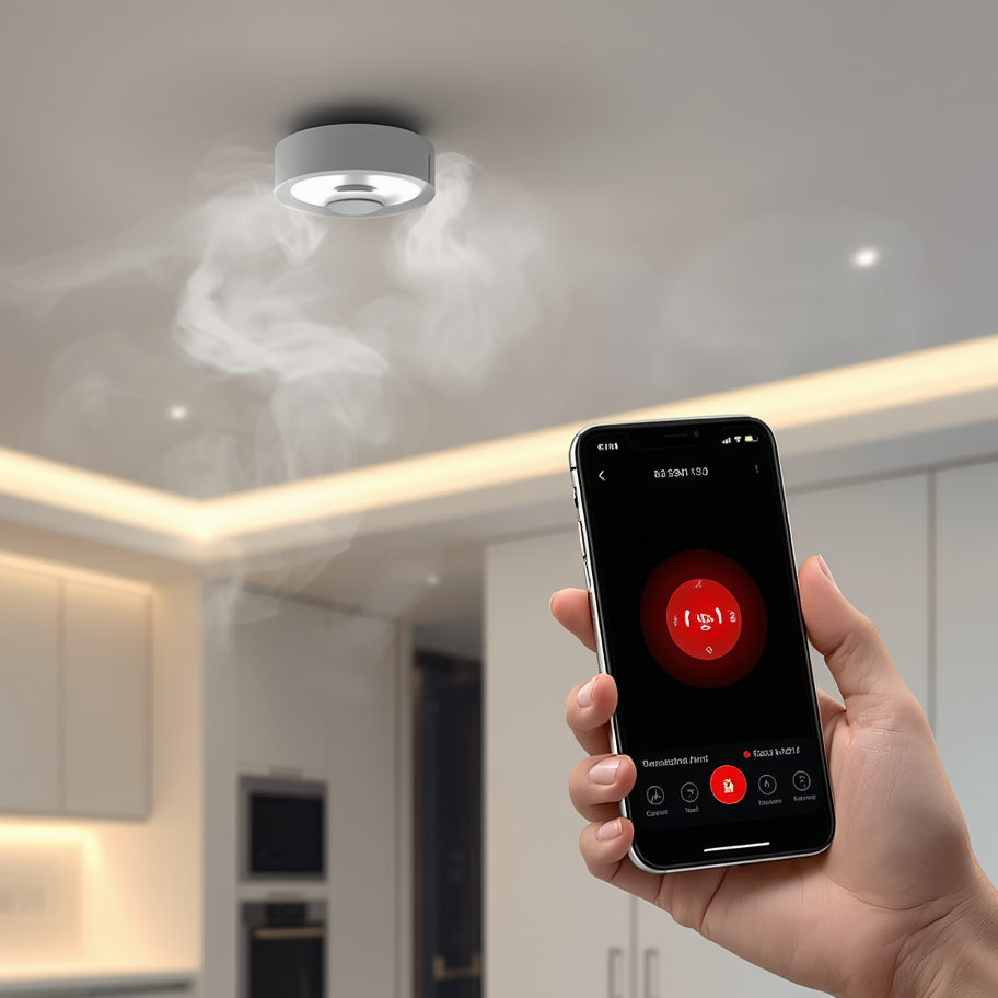 Smart home device control app on a smartphone in a modern kitchen setting