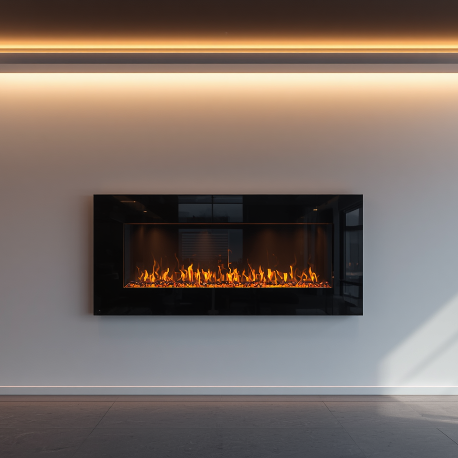 Modern electric fireplace mounted on a white wall in a living room.
