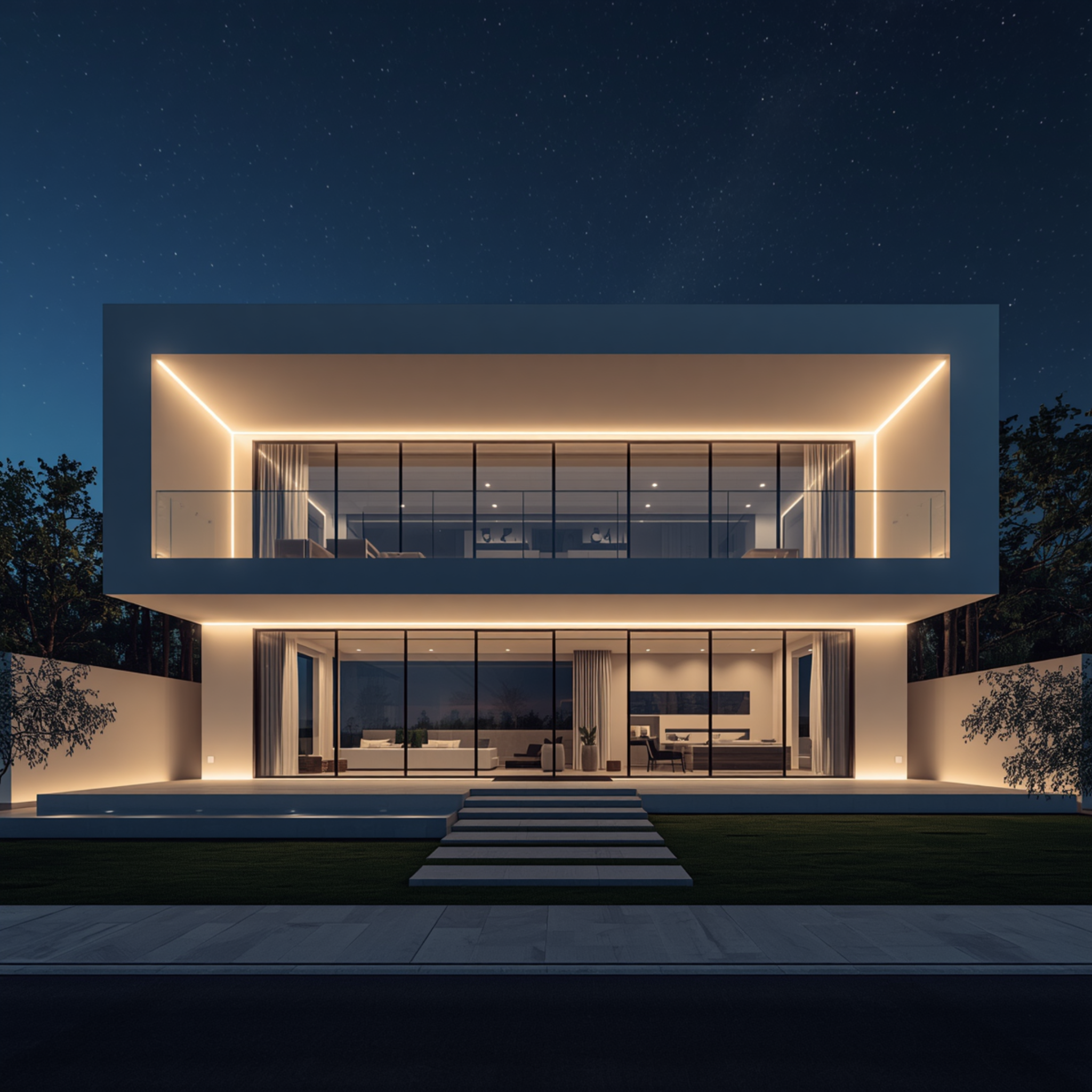 Modern house with illuminated exterior at night