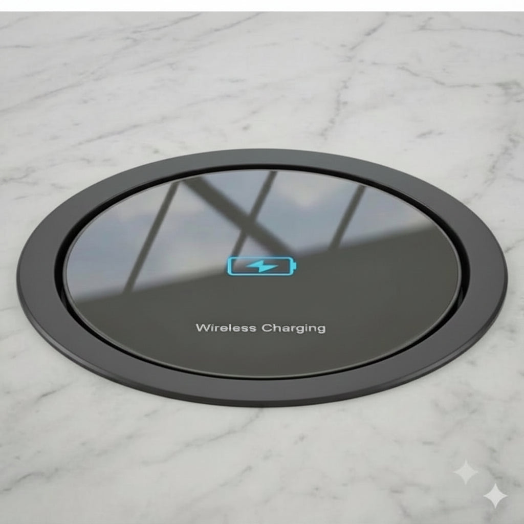 Round wireless charging pad on a marble surface