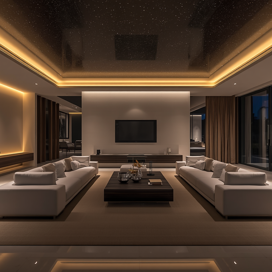 Modern living room with white sofas, a coffee table, and decorative elements.