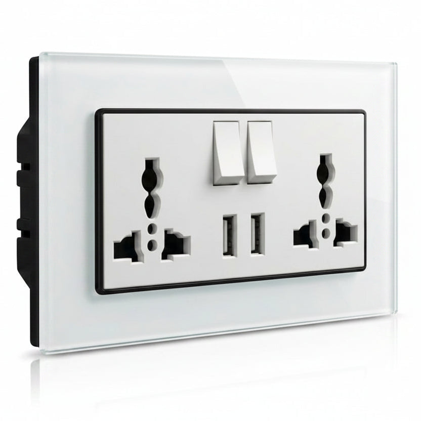Premium Double Universal Socket with USB - white glass