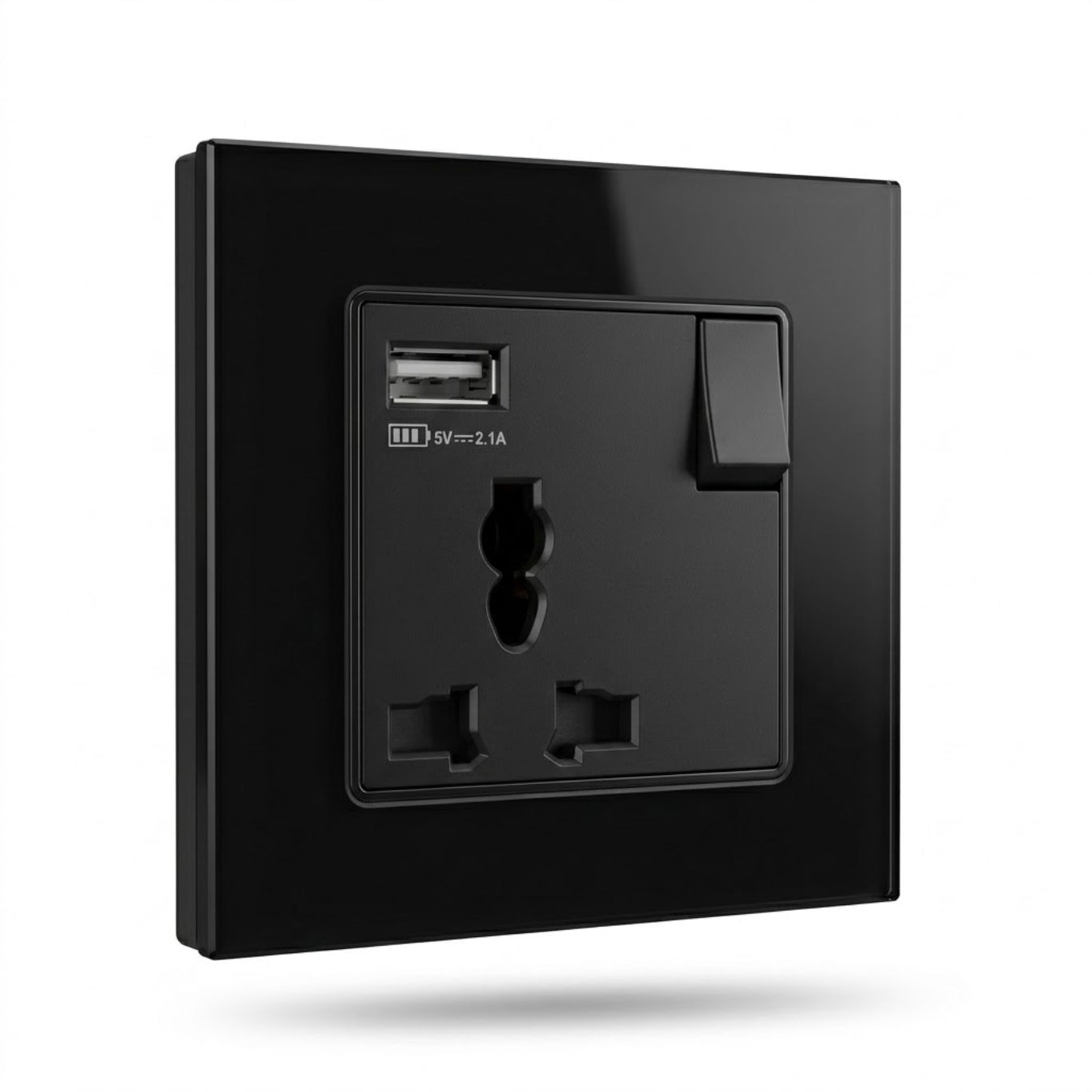 Premium Single Universal Socket with USB - Black Glass