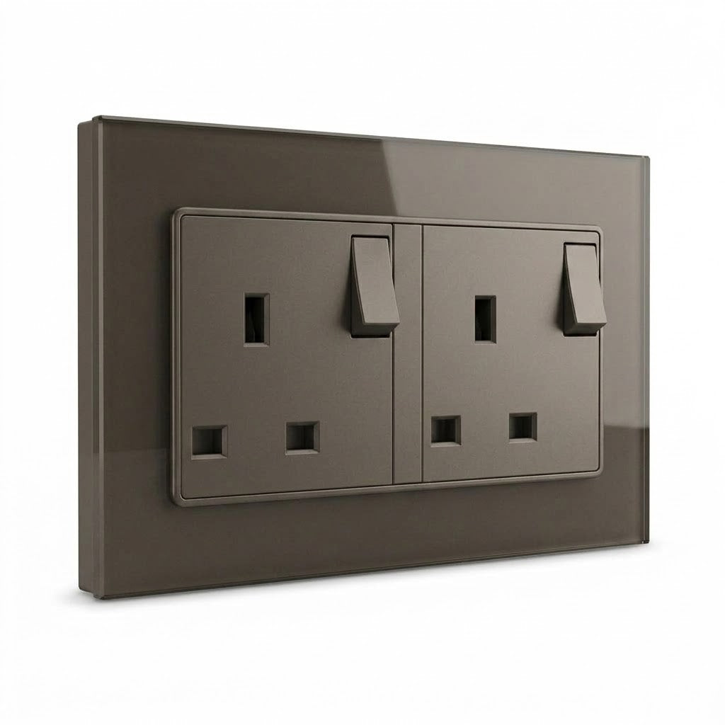 Premium UK Double Socket 13A - Grey Glass