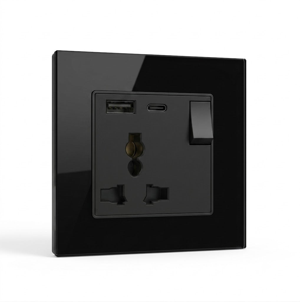 Premium Universal Socket USB-A+C - Black Glass