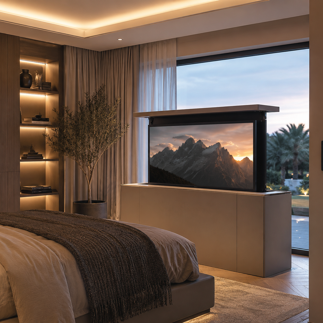 Modern bedroom with a large TV mounted on the wall, displaying a mountain scene.