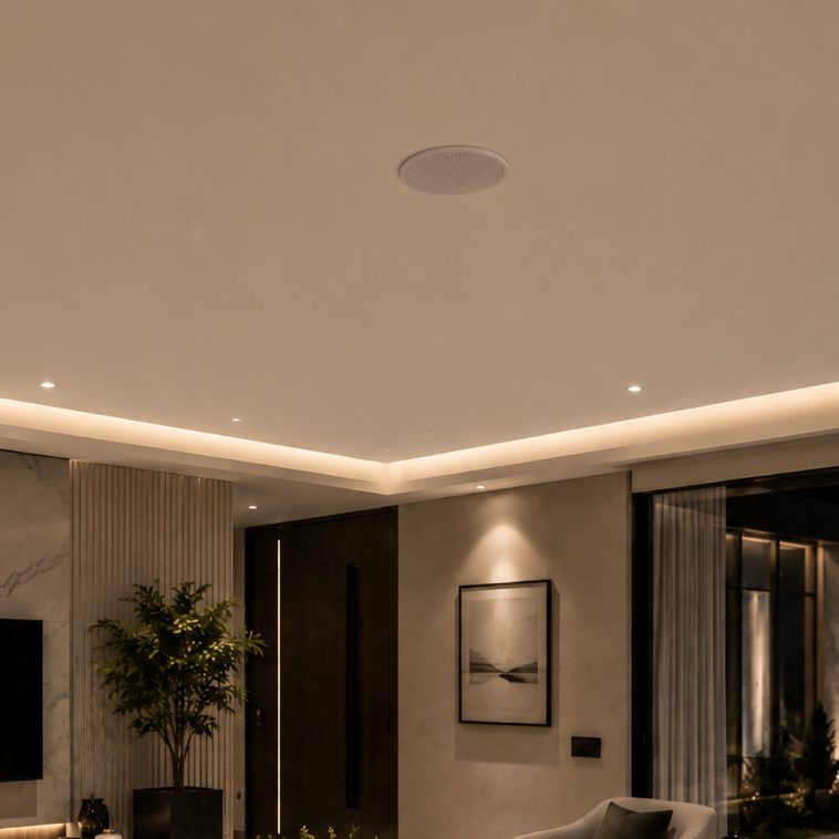 Modern living room with a large TV, comfortable seating, and decorative elements.